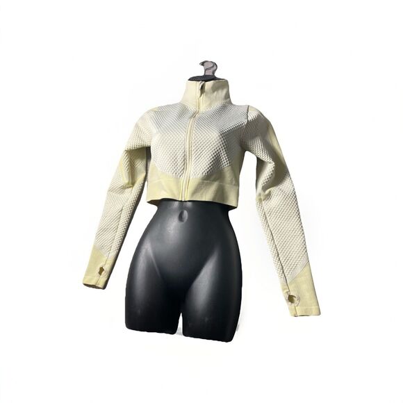Mix Crop Jacket Performance Yellow Womens Medium Thumb Holes Running Outdoor - Picture 1 of 4